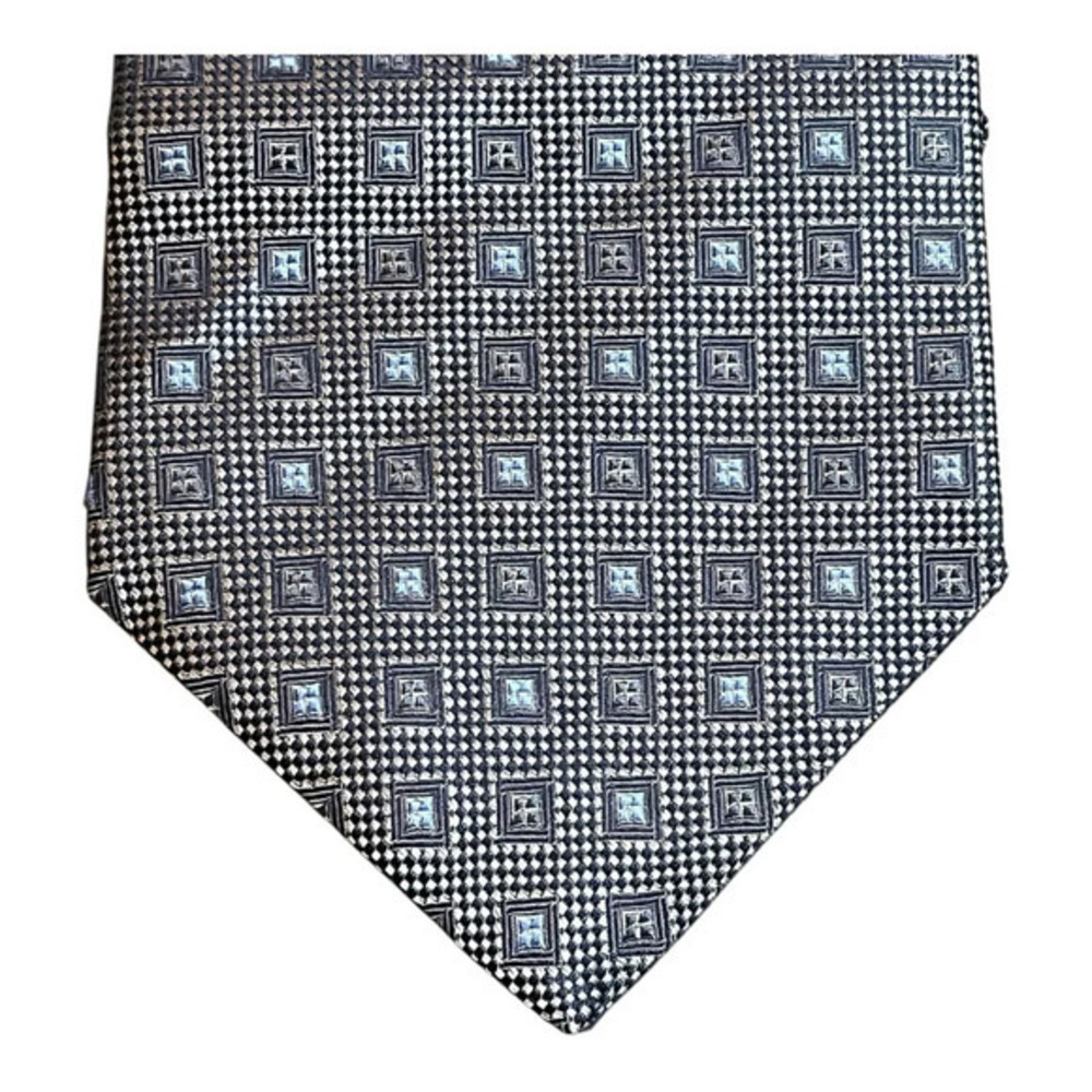 Foggia Silk Necktie Mens Standard Blue‎ Silver Geometric Square Pattern Korea